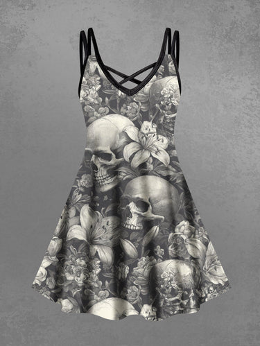 Gothic Plus Size Skull Flower Print Crisscross Strappy A Line Cami Dress