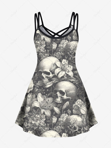 Gothic Plus Size Skull Flower Print Crisscross Strappy A Line Cami Dress