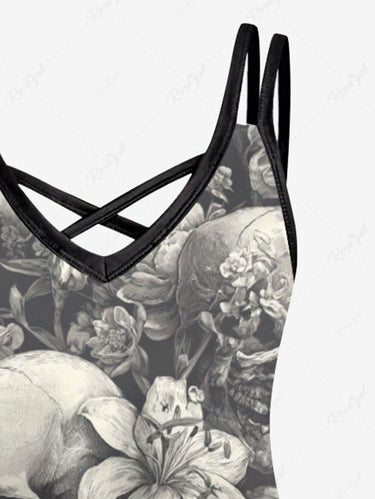 Gothic Plus Size Skull Flower Print Crisscross Strappy A Line Cami Dress