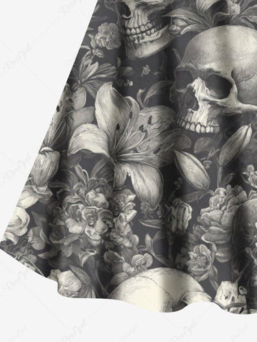 Gothic Plus Size Skull Flower Print Crisscross Strappy A Line Cami Dress