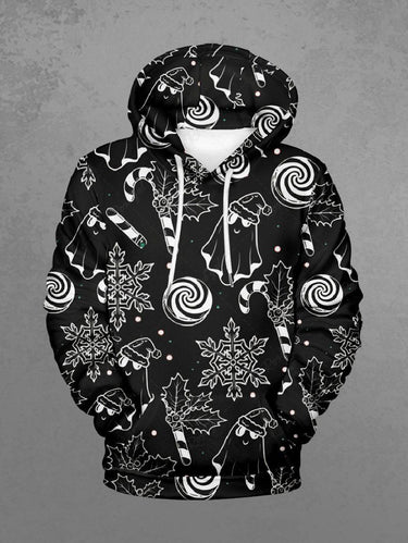 Gothic Plus Size Ghost Snowflake Candy Print Christmas Pocket Drawstring Pullover Long Sleeves Hoodie For Men