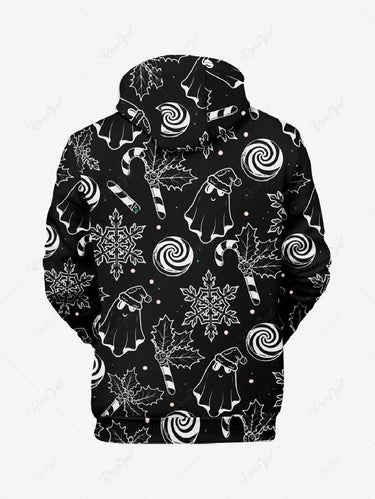 Gothic Plus Size Ghost Snowflake Candy Print Christmas Pocket Drawstring Pullover Long Sleeves Hoodie For Men