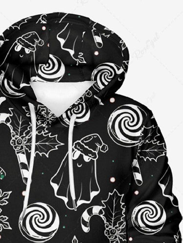 Gothic Plus Size Ghost Snowflake Candy Print Christmas Pocket Drawstring Pullover Long Sleeves Hoodie For Men