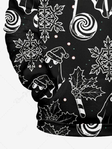 Gothic Plus Size Ghost Snowflake Candy Print Christmas Pocket Drawstring Pullover Long Sleeves Hoodie For Men