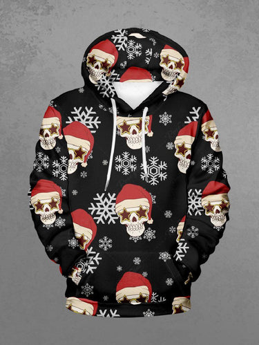 Gothic Plus Size Skull Santa Claus Christmas Hat Snowflake Print Pocket Drawstring Pullover Long Sleeves Hoodie For Men