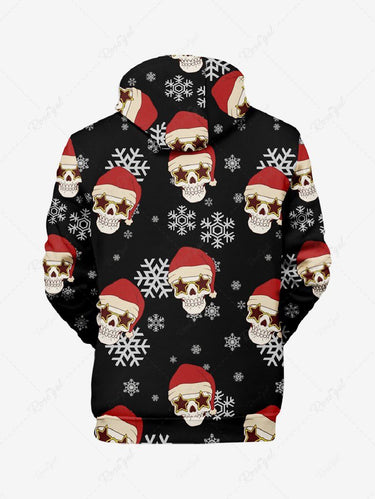 Gothic Plus Size Skull Santa Claus Christmas Hat Snowflake Print Pocket Drawstring Pullover Long Sleeves Hoodie For Men