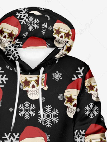 Gothic Plus Size Skull Santa Claus Christmas Hat Snowflake Print Pocket Drawstring Pullover Long Sleeves Hoodie For Men