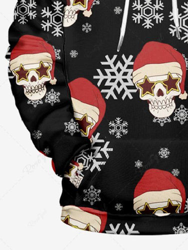 Gothic Plus Size Skull Santa Claus Christmas Hat Snowflake Print Pocket Drawstring Pullover Long Sleeves Hoodie For Men