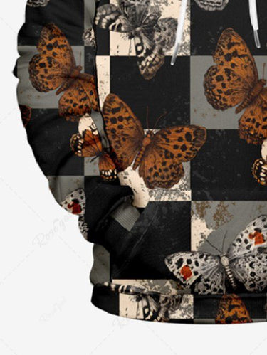 Gothic Plus Size Checkerboard Butterfly Print Pocket Drawstring Pullover Long Sleeves Hoodie For Men