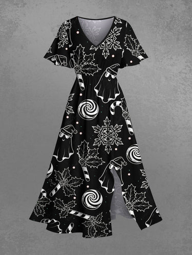 Gothic Plus Size Ghost Snowflake Candy Print Christmas Split Pocket A Line Midi Dress