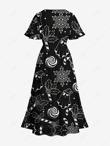 Gothic Plus Size Ghost Snowflake Candy Print Christmas Split Pocket A Line Midi Dress