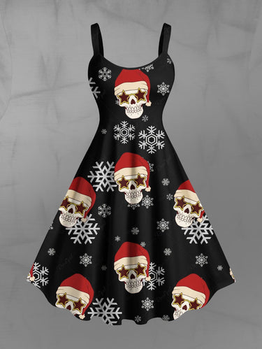 Gothic Plus Size Skull Santa Claus Christmas Hat Snowflake Print A Line Dress