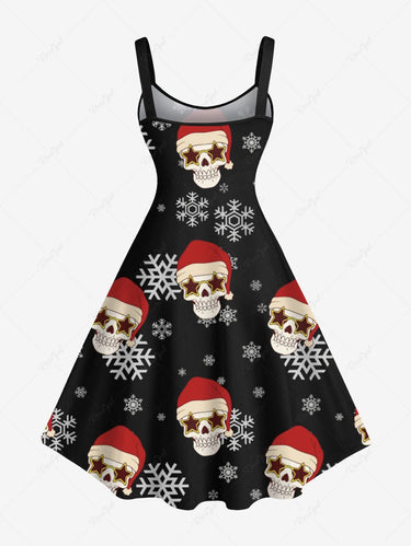 Gothic Plus Size Skull Santa Claus Christmas Hat Snowflake Print A Line Dress
