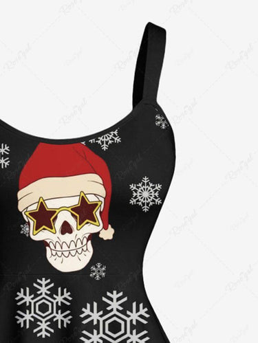 Gothic Plus Size Skull Santa Claus Christmas Hat Snowflake Print A Line Dress