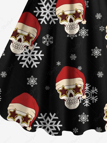 Gothic Plus Size Skull Santa Claus Christmas Hat Snowflake Print A Line Dress