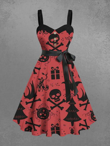 Gothic Plus Size Christmas Tree Skull Butterfly Print Button A Line Dress with Removable Belt