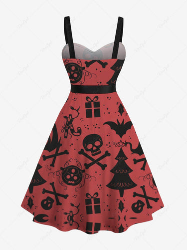 Gothic Plus Size Christmas Tree Skull Butterfly Print Button A Line Dress with Removable Belt