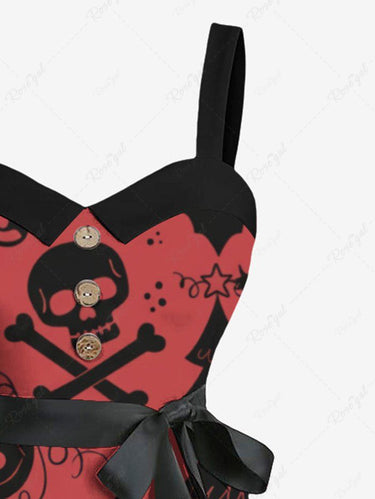 Gothic Plus Size Christmas Tree Skull Butterfly Print Button A Line Dress with Removable Belt