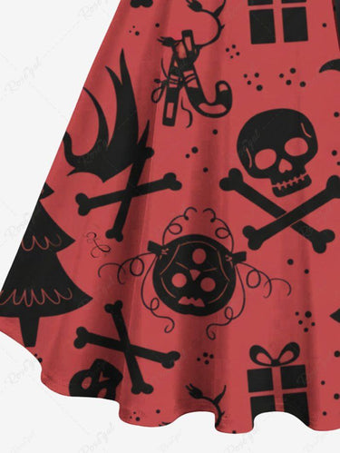 Gothic Plus Size Christmas Tree Skull Butterfly Print Button A Line Dress with Removable Belt