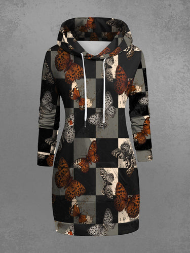 Gothic Plus Size Checkerboard Butterfly Print Pocket Drawstring Pullover Long Sleeves Hoodie