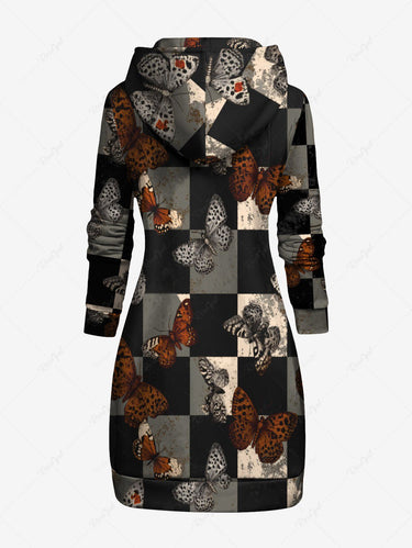 Gothic Plus Size Checkerboard Butterfly Print Pocket Drawstring Pullover Long Sleeves Hoodie