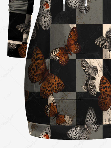 Gothic Plus Size Checkerboard Butterfly Print Pocket Drawstring Pullover Long Sleeves Hoodie