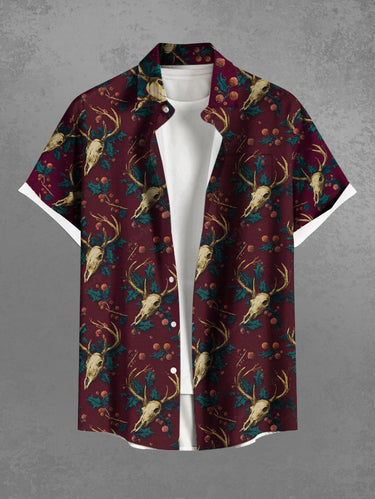 Gothic Plus Size Christmas Elk Holly Print Button Pocket Shirt For Men
