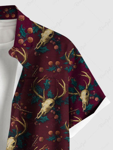 Gothic Plus Size Christmas Elk Holly Print Button Pocket Shirt For Men
