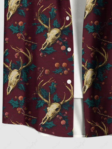 Gothic Plus Size Christmas Elk Holly Print Button Pocket Shirt For Men