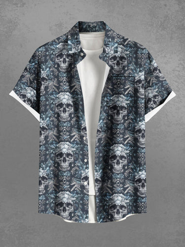Gothic Plus Size Skull Christmas Snowflake Print Button Pocket Shirt For Men