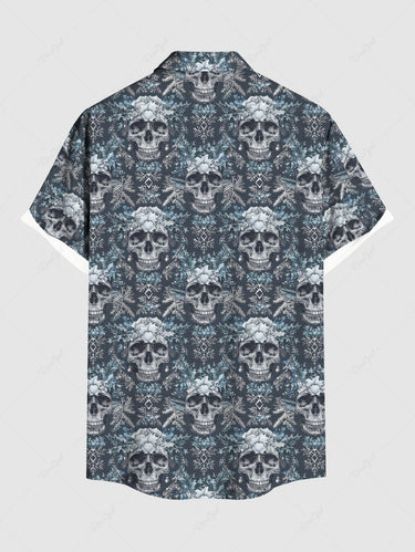 Gothic Plus Size Skull Christmas Snowflake Print Button Pocket Shirt For Men