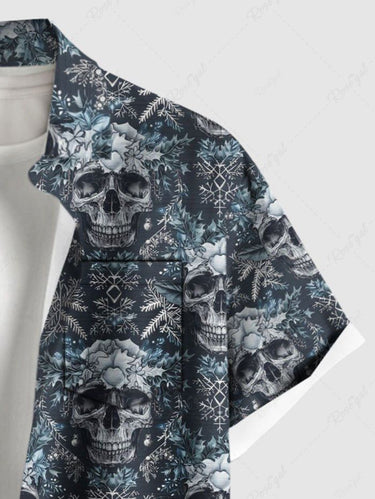 Gothic Plus Size Skull Christmas Snowflake Print Button Pocket Shirt For Men