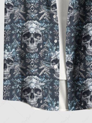 Gothic Plus Size Skull Christmas Snowflake Print Button Pocket Shirt For Men