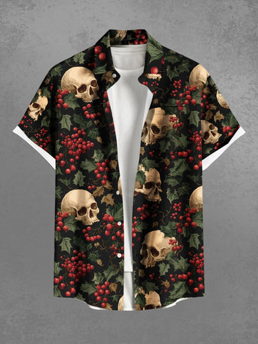 Gothic Plus Size Christmas Holly Skull Print Button Pocket Shirt For Men