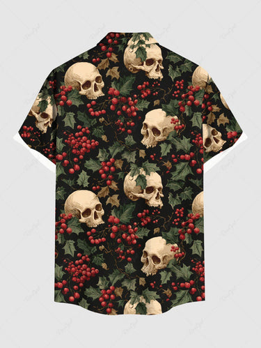 Gothic Plus Size Christmas Holly Skull Print Button Pocket Shirt For Men