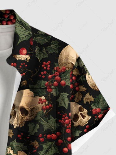 Gothic Plus Size Christmas Holly Skull Print Button Pocket Shirt For Men