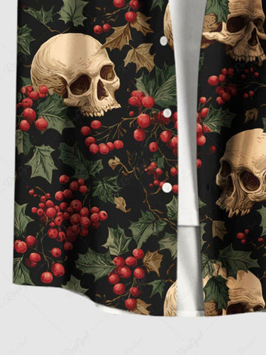 Gothic Plus Size Christmas Holly Skull Print Button Pocket Shirt For Men