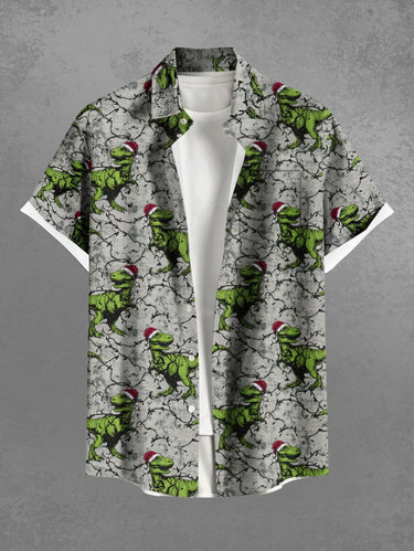 Gothic Plus Size Christmas Hat Dinosaur Branch Print Button Pocket Shirt For Men