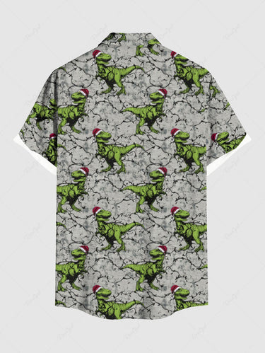 Gothic Plus Size Christmas Hat Dinosaur Branch Print Button Pocket Shirt For Men