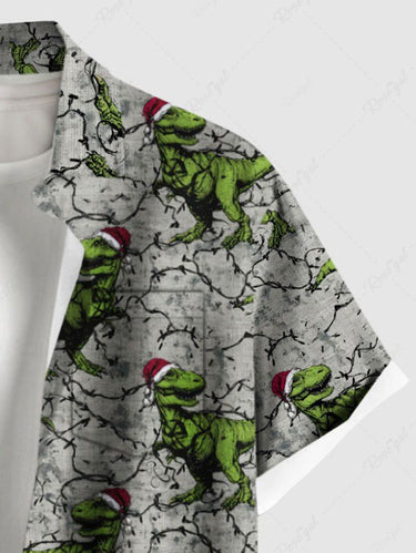 Gothic Plus Size Christmas Hat Dinosaur Branch Print Button Pocket Shirt For Men