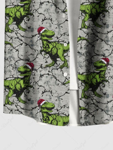 Gothic Plus Size Christmas Hat Dinosaur Branch Print Button Pocket Shirt For Men