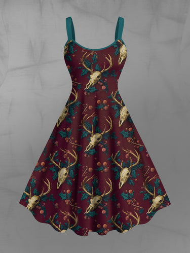 Gothic Plus Size Christmas Elk Holly Print A Line Tank Dress