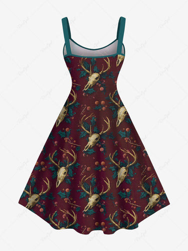 Gothic Plus Size Christmas Elk Holly Print A Line Tank Dress