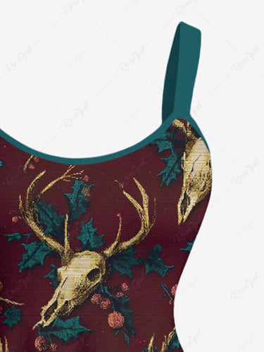 Gothic Plus Size Christmas Elk Holly Print A Line Tank Dress