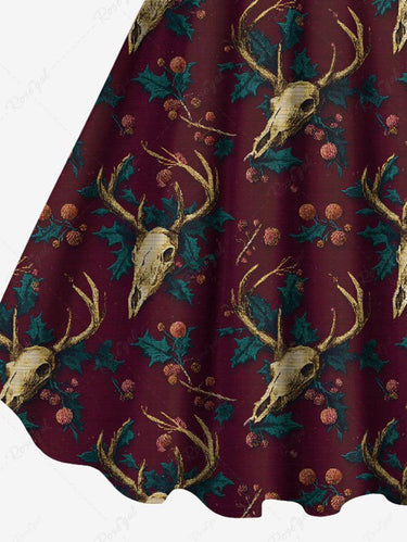 Gothic Plus Size Christmas Elk Holly Print A Line Tank Dress