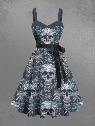 Gothic Plus Size Skull Christmas Snowflake Print Button A Line Dress with Removable Belt