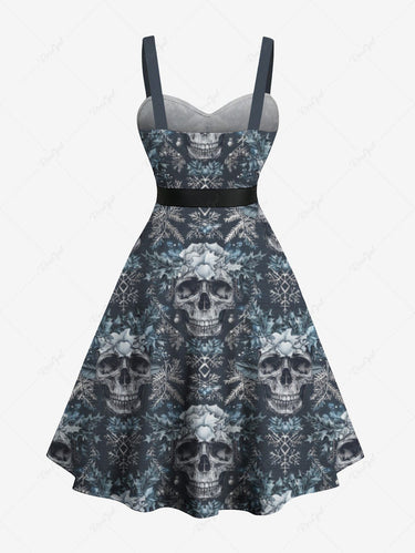 Gothic Plus Size Skull Christmas Snowflake Print Button A Line Dress with Removable Belt