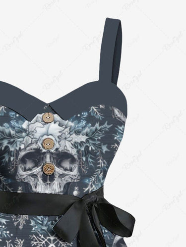 Gothic Plus Size Skull Christmas Snowflake Print Button A Line Dress with Removable Belt