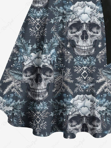 Gothic Plus Size Skull Christmas Snowflake Print Button A Line Dress with Removable Belt