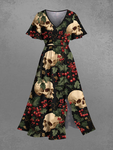 Gothic Plus Size Christmas Holly Skull Print Split Pocket A Line Midi Dress